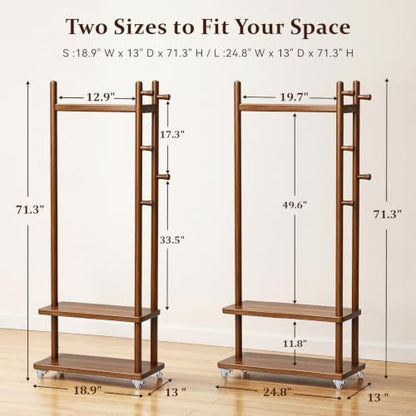 Coat Rack Freestanding Wood Garment Rack 2 Shelves 5 Hooks | Bedroom hallway entryway living room hotel, durable wood construction, mobile wheel design, coats clothes bags storage - size: Walnut-S :18.9''L×13''W×71''H (With Wheels）