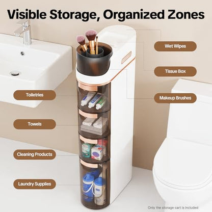 4 Tiers Slim Bathroom Storage Cabinet, Narrow Plastic Rolling Cart Organizer with Drawers, Mobile Storage Organizer with Tissue Box and Removable Dividers for Small Spaces, Bathroom, Bedroom, Kitchen
