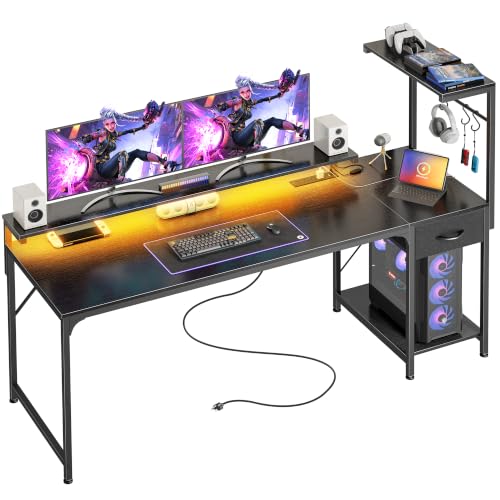63 Inch Gaming Desk with LED Lights & Power Outlets | Computer Desk with Drawer & Storage Shelves, Office Writing Desk with Monitor Stand for Work from Home, Black - color: Black, size: 63 Inch
