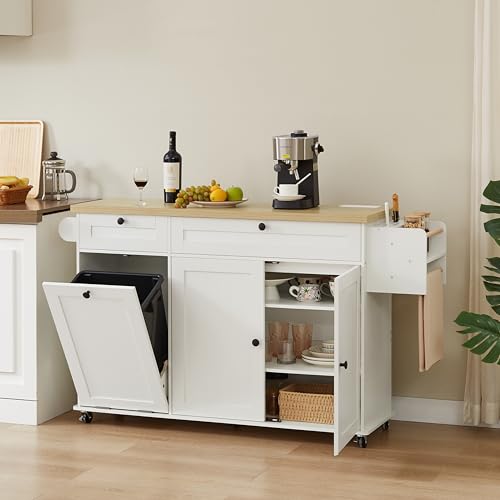 60" Kitchen Island with Power Outlet & Drop Leaf, Rolling Island with Spice Rack & Towel Rack, Kitchen Island Cart with Trash Storage Cabinet, Island Table for Kitchen, White - color: White