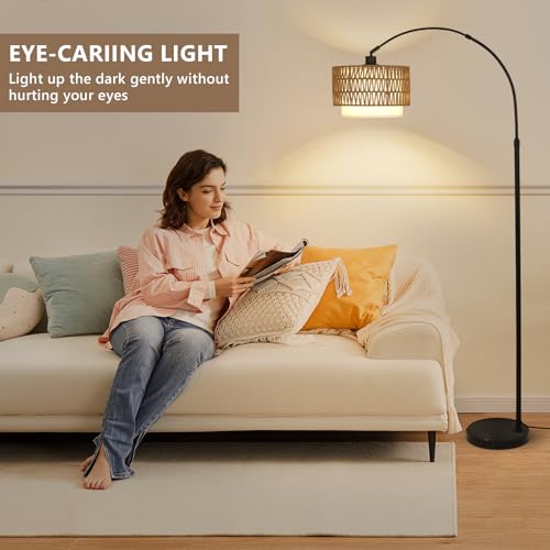 eyassi Arc Floor Lamp with Remote, Modern LED Floor Lamp with Dimmable Bulb, Boho Farmhouse Standing lamp with Fabric & Rattan Lampshades, Height Adjustable Black Tall Lamp for Living Room Bedroom - style: Farmhouse