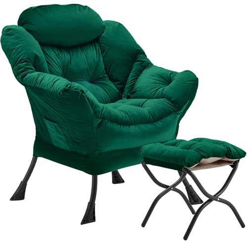Youtanic Lazy Chair with Folding Ottoman, Accent Chair Velvet Upholstered with Metal Structure and Non-Slip Pads, Sofa Armchair with Footrest and Side Storage Bag for Dorm, Room, Office, Green - color: Green