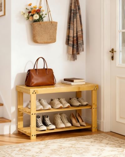 Amada 3 Tier Bamboo Shoe Rack Bench for Entryway, Living Room, Natural | 100% natural bamboo, 220 lbs weight capacity, thicker panels, triple screws for enhanced stability, holds 6 pairs - color: Bamboo