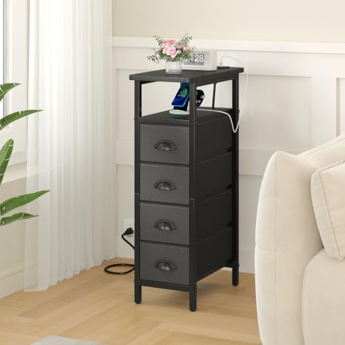 sthmec Nightstand with Charging Station, Narrow Night Stand Set of 2 with 4 Drawers, Skinny Side Table with Fabric Drawers,Slim Sofa Couch Tables for Small Spaces,Living Room,Bedroom, Black - color: Black, style: Power