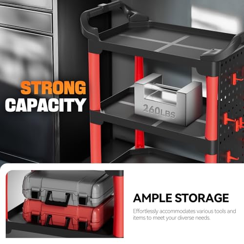 Auto Dynasty 3-Level Rolling Cart 120 kg/260 w/Pegboard, Garage, Black/Red | 3-Tier Rolling Utility Storage Cart, 260Lbs/120Kg Cap, Pegboard & Storage Tray, Steel Frame, for Garage/Warehouse/Workshop - style: with 1 side Pegboard
