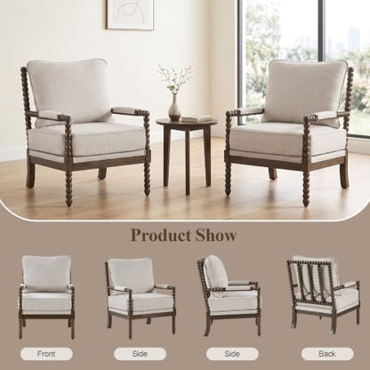DUHOME Chenille Fabric Spindle Accent Chair Set of 2,Bobbin Chair with High Resilience Spring Cushion and Armrest Pads, Leisure Armchair for Living Room Bedroom Farmhouse Home Office Belcony - color: Dark Walnut+grey, size: 2 pcs