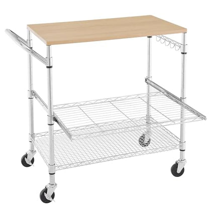 3 Tier Rolling Kitchen Cart with Wood Tabletop, Kitchen Island Carts with Wheels & Slider Shelf, Microwave Cart on Wheels, Coffee Cart with Hooks, 35.4" L*18.1" W*31.9" H，Wood+Chrome - size: 35.4"L*18.1"W*31.9"H with Slider Shelf