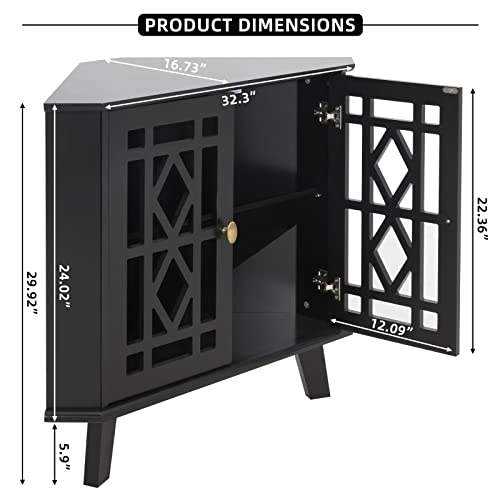 Small Corner Cabinet with Hollow-Carved Doors, 32'' White Accent Cabinet | Corner Table with Storage for Small Space, Space Saving Corner Shelf for Living Room and Kitchen, Elegant Fretwork Design - color: Black, size: Small