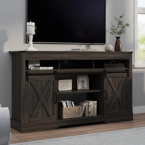 RoyalCraft Farmhouse TV Stand for 23" Fireplace, 34'' Tall Entertainment Center for 65+ Inch TV, Rustic TV Console with Sliding Bar Door for Living Room, Dark Grey - color: Dark Grey1, style: Without Fireplace
