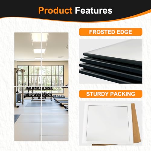 Glass Mirror Tiles, 12'' x 12'', 8 PCS | Square Large Wall Mirror, For Home Gym, Bedroom, Door, Bathroom, Frameless Mirror Sets - size: 12" x 12" (8 PCS)