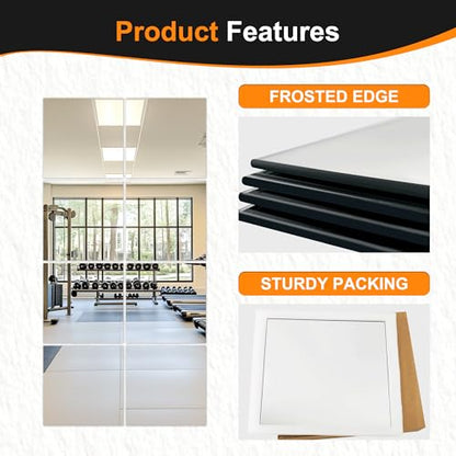 Glass Mirror Tiles, 12'' x 12'', 8 PCS | Square Large Wall Mirror, For Home Gym, Bedroom, Door, Bathroom, Frameless Mirror Sets - size: 12" x 12" (8 PCS)