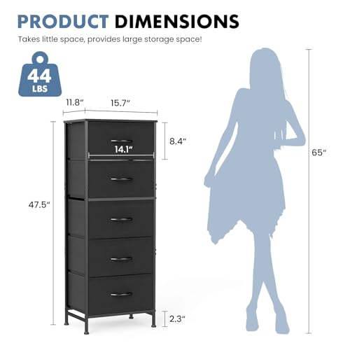 DUMOS Nightstand with 5 Drawers, Bedside Table with Removable Fabric Bins, Sturdy Steel Frame Wood Top Skinny Dresser for Bedroom Closet Living Room, Black - color: Black, size: 15.7"D x 11.8"W x 47.7"H (5 Drawers)