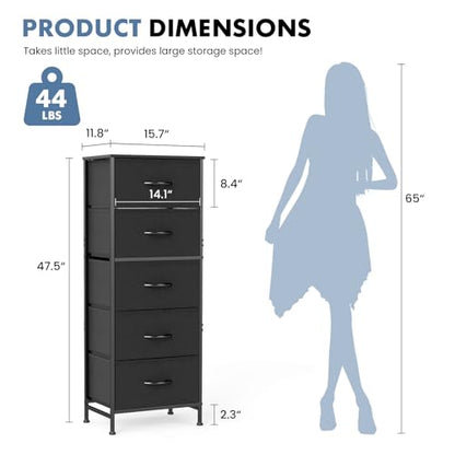 DUMOS Nightstand with 5 Drawers, Bedside Table with Removable Fabric Bins, Sturdy Steel Frame Wood Top Skinny Dresser for Bedroom Closet Living Room, Black - color: Black, size: 15.7"D x 11.8"W x 47.7"H (5 Drawers)