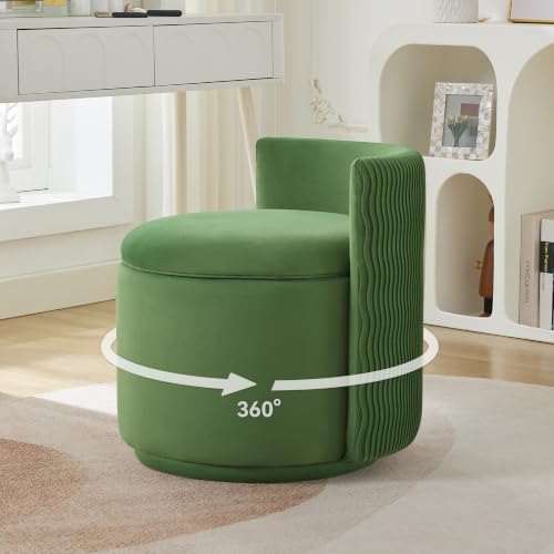 Large Velvet Vanity Chair, 360° Swivel Makeup Chair with Storage, Green | Modern Wide Vanity Stool with Wave Back, No Assembly Barrel Upholstered Closet Stool for Bedroom, Dressing Room, Living Room - color: Green, size: Large