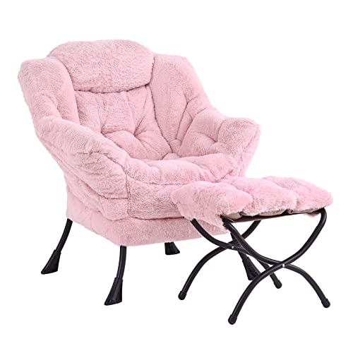 Lazy Chair with Ottoman, Comfy Accent Reading Chair, Plush Pink | Foldable Footrest,Removable Cover,with Armrests and Side Pockets,Upholstered Lounge Chair for Bedroom,Dorm,Office,Small Space - color: Plush Pink