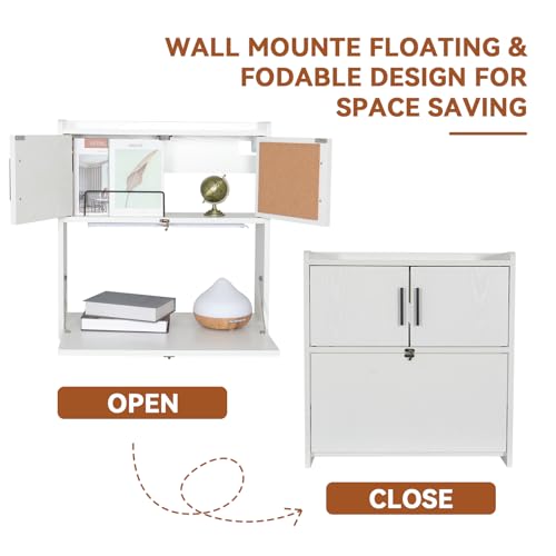 ARTETHYS Wall Mounted Desk Folding with Light Drop Down Hanging Desk | Multifunctional Fold Down Laptop Computer Table, Writing Workstation with Storage Compartments, Space Saving for Home - color: White