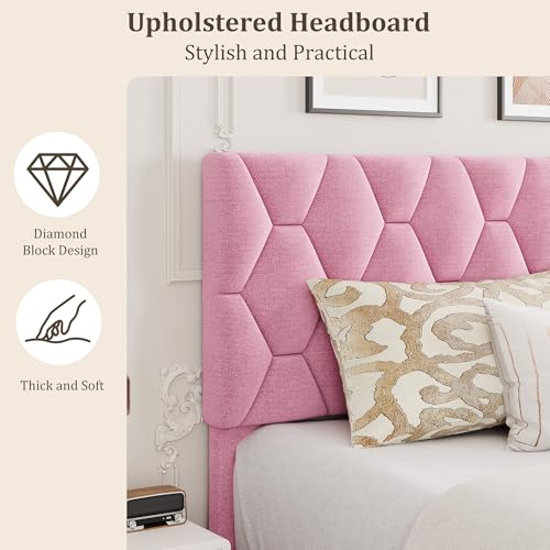 GAOMON Bed Frame with Upholstered Headboard, Heavy-Duty Platform Bed Frame with Strong Wood Slats, No Box Spring Needed/Noise Free/Easy Assembly,King,Pink | Heavy-Duty Bed Frame with Wooden Slats Support Upholstered Mattress Foundation No Box Spring Neede