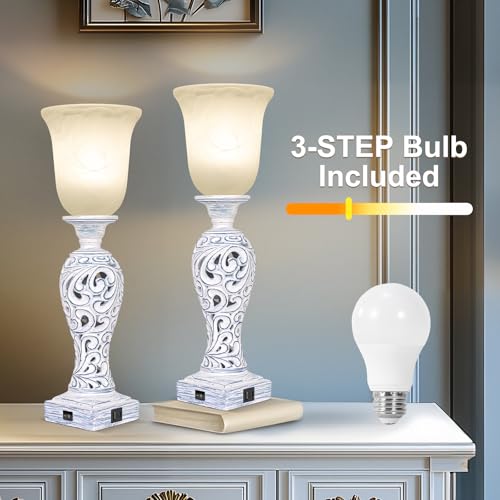 20" Vintage Table Lamps Set of 2 for Living Room, 3-Way Dimmable LED Bulb | 2 USB Ports, Uplight, White Alabaster Glass Shade, Rustic Farmhouse Nightstand Light for Bedroom End Table Entryway or Office - color: Washed Blue-Set of 2