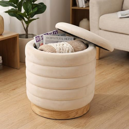 JHY DESIGN Round Ottoman with Storage, 16.5" H Velvet Footstool with Removable Lid & Solid Wood Base – Padded Seat Storage Ottoman for Bedroom, Living Room, Vanity(Cream)