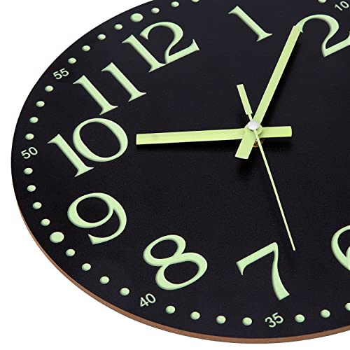 Wall Clock Glow in the Dark Clocks Battery Operated Silent 12 Inch | Black Wood Wall Clock Non-Ticking Analog Luminous Clock for Living Room Bedroom Office Kitchen Classroom Bathroom - color: Luminous -Black