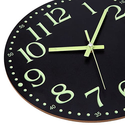 Wall Clock Glow in the Dark Clocks Battery Operated Silent 12 Inch | Black Wood Wall Clock Non-Ticking Analog Luminous Clock for Living Room Bedroom Office Kitchen Classroom Bathroom - color: Luminous -Black