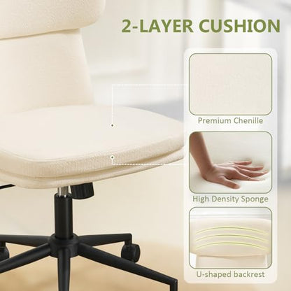 Armless Office Chair with Wheels, Luxury Chenille Swivel Desk Chair with Ergonomic Curved Full Back, Double-Layer Seat, Adjustable Modern Vanity Chair for Makeup, Home Office, Cream White - color: Cream White, size: Full Back