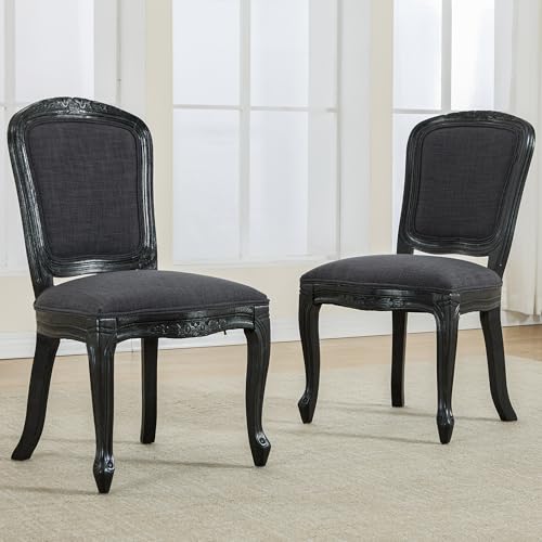 Kmax French Dining Chairs Set of 2, Farbric Upholstered Dining Chairs with Elegant Curved Legs High Back Armless Kitchen Chairs Side Chairs for Dining Room Restaurant - Linen, Charcoal/Black Legs - color: Fan-back/Charcoal Seat/Black Leg, size: 2 Chairs