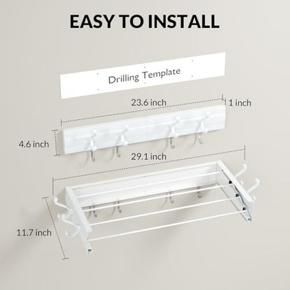 BAKON Wall Mounted Foldable Clothes Drying Rack - Indoor Outdoor Laundry Drying Rack with 4 Hooks & 4 Poles, Space Saving Concealed Design for Storage (23.6"【Upgrade】) - size: 23.6'' with 4 Hooks