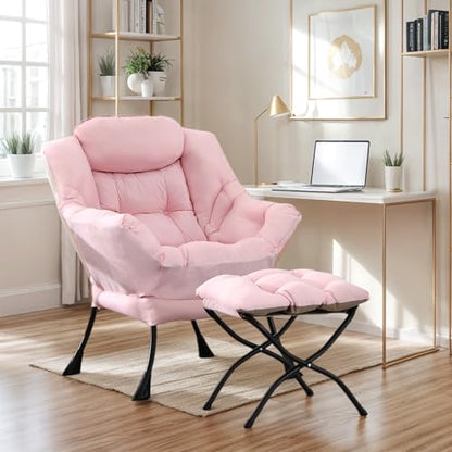 Lazy Chair with Ottoman, Soft Comfy Chair for Bedroom, Pink | Reading Accent Lounge Chair with folding Foot Stool for Living Room Dorm Apartment, sturdy metal frame - color: Pink