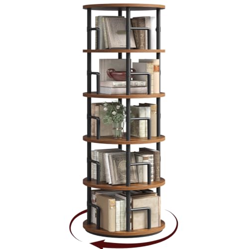 MAHANCRIS Rotating Bookshelf, 5-Tier Book Shelf, 360° Spinning Bookcase, Freestanding Storage Shelf with Guardrails, for Small Space, Living Room, Bedroom, Home Office, Rustic Brown and Black BKHR4501 - color: Rustic Brown, Black, size: 5-Tier