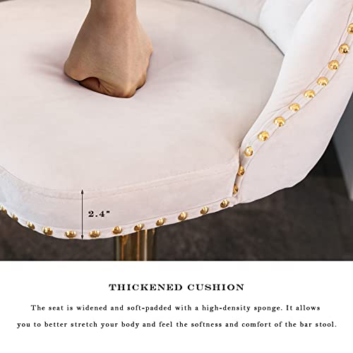 Velvet Bar Stool Set of 2, Adjustable Swivel Bar Stools with Gold Plated Metal Leg, Button Tufted, Footrest, Chrome Nailhead, Counter Height Chair for Kitchen, Bar, Dining Room (Beige) - color: Beige-gold Leg, size: Set of 2