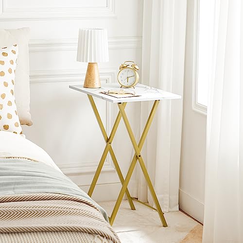 HOOBRO Folding TV Tray Tables, Set of 2 Side Table for Small Space, Industrial Snack Tables for Eating at Couch, Stable Metal Frame, Easy Assembly, Space Saving, Marble and Gold DM25BZ01 - color: Marble + Gold
