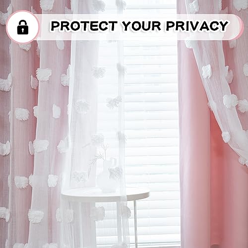 MYSKY HOME Double Layer Curtains for Girls Bedroom Kids Curtain White Pom Pom Sheer Window Curtains 2 Panels Pink Curtains Grommet Room Darkening Solid Nursery Curtains 63 Inches Length, W52 X L63 - color: Blush Pink, size: 52"W x 63"L (Pack of 2)