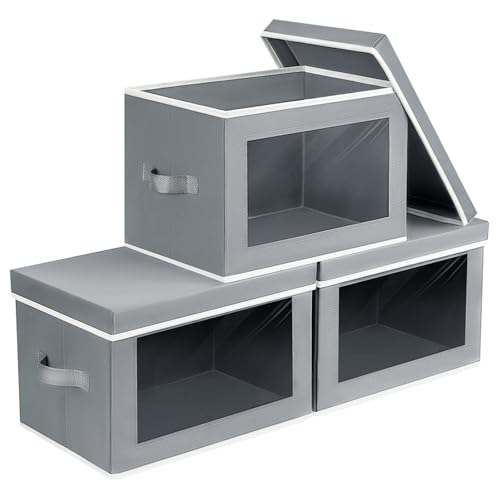 Decorative Bins with Lids - Stackable Cube Bins for Closet, 3 Pack Clear Windows Fabric Organizer Bins, Home Organizers and Storage for Clothes, CD, Towels, Grey - color: Grey, size: L(3-Pack)