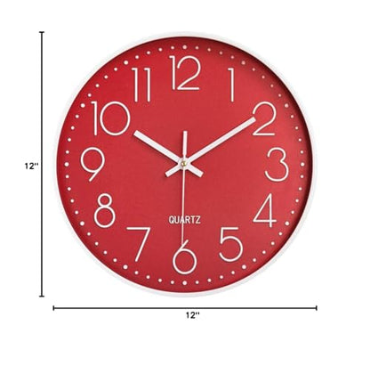 12 in Wall Clock Non-Ticking Quartz Silent Battery Operated Round Clocks Home Kitchen Office School Living Room Decor Clocks (Red) - color: Red