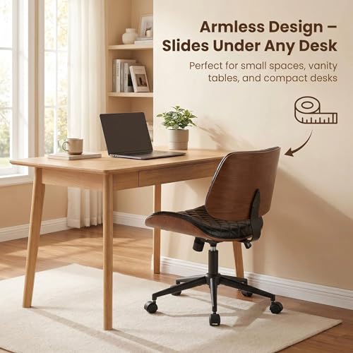 Furnimart Wooden Armless Desk Chair with Wheels, 360° Swivel Faux Leather Vanity Chair for Bedroom, Small Office Computer Task Chair for Home & Compact Spaces (PU Black) - color: Pu-black