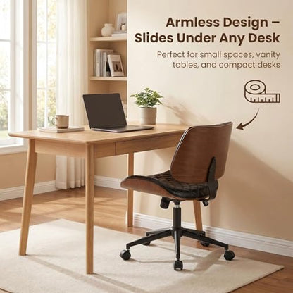 Furnimart Wooden Armless Desk Chair with Wheels, 360° Swivel Faux Leather Vanity Chair for Bedroom, Small Office Computer Task Chair for Home & Compact Spaces (PU Black) - color: Pu-black