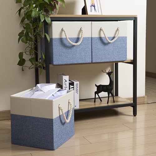 Large Foldable Cube Storage Bins 11x11 inch [4-Pack] Fabric Linen Storage Baskets Cubes Drawer with Cotton Handles Organizer for Shelves Nursery Closet Bedroom Beige/Blue - color: Beige/Blue, size: 11x11 inch(4-Pack)