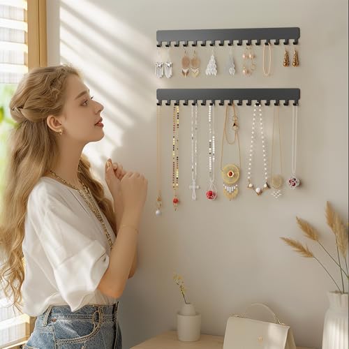 Extended Self-Adhesive Necklace Holder, Wall Mounted Jewelry Organizer for Necklaces, Earrings, Rings & Bracelets, No Drilling, Space-Saving, 2 Pack, Black - color: Black, size: 13.19 inch