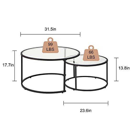 Modern Nesting Glass Coffee Table Set of 2, Round Tempered Glass Coffee Table for Living Room & Bedroom, Space-Saving Design with Adjustable Feet (Large Size + Black Frame) - color: Large Size + Black Frame