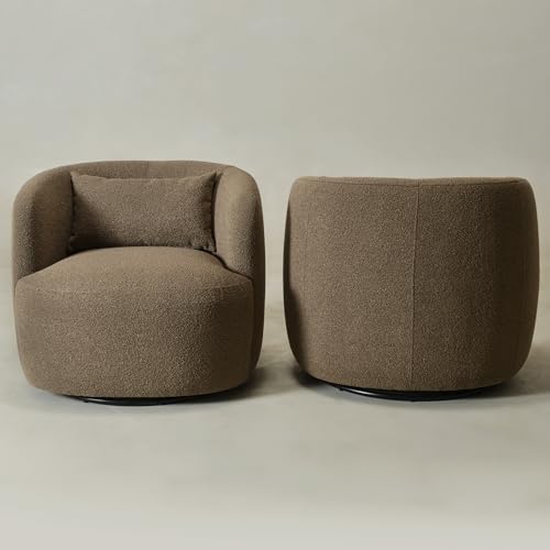 KINWELL 68" Boucle Upholstered Loveseat with 2 Swivel Chairs, Teddy Brown | No Assembly Sherpa Living Room Furniture Sets, 2-Seater Couch Settee and Barrel Chairs Armchairs for Small Spaces Apartment - color: Teddy Brown, size: Loveseat + 2 Chairs