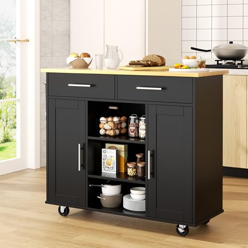 Shintenchi Kitchen Island with Storage, Kitchen Island Cart on Wheels with 3 Open Shelves, 2 Drawers and 2 Cabinets, Rolling Kitchen Table with Large Countertop, Black - color: Golden