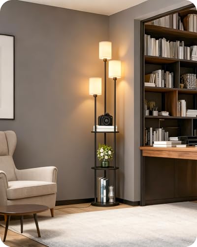 Floor Lamp with Shelves, Modern Floor Lamp with 3 Linen Shades and Foot Switch, 3-Light Standing Lamp, for Living Room, Bedroom, Study, Office, Black and Beige E53LD05 - color: Black + Beige