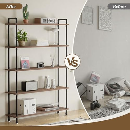 Industrial Bookshelf, Pipe Shelf Bookcase, 5 Tier, 48" Weathered Brown | Solid pine shelves, 48 inch wide, black pipe frame, 50 lbs per shelf, open bookcase for books, plants, office - color: Weathered Brown, size: 48"L × 70"H
