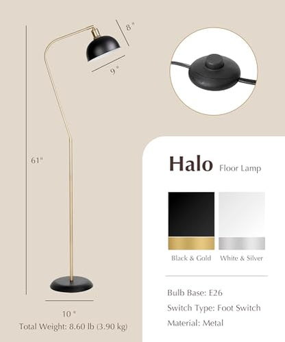 HarvestLand Halo Brass Floor Lamp with Adjustable Reading Light | Adjustable reading light, solid metal base, E26 bulb compatible. - color: Black Brass