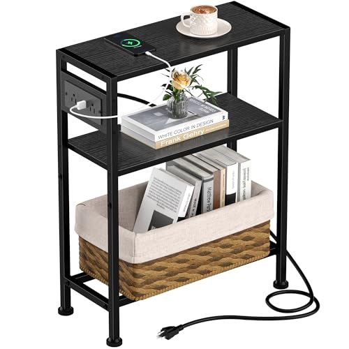 Small Narrow Side Table with Charging Station, Skinny End Table for Small Spaces, Slim Nightstand with Outlets, Sofa Bedside Table in Living Room, Bedroom, Study, Kitchen and Balcony(Black) - color: Black