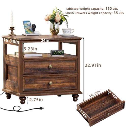 Joaxswe Farmhouse Nightstand with Charging Station, 24" Wide End Table with 2 Drawers,Brown Dresser for Bedroom, Bed Side Table Chest of Drawers Cabinet,Wood Night Stand for Living Room, Closet - color: Retro Brown, size: 19.76"D x 24"W x 22.91"H (2 Drawe