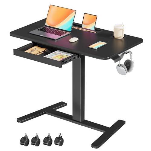 Mobile Standing Desk with Drawer, 35"×20" Small Desk, Black | Portable Laptop Workstation with Cup Holder and Hooks, Height Adjustable Rolling Desk with Wheels, Teacher Classroom Use - color: Black, size: 35"