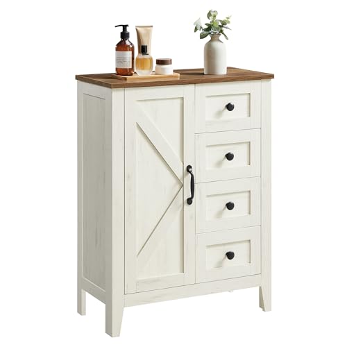 VASAGLE LIRY Collection - Storage Cabinet, Farmhouse Bathroom Floor Cabinet with 4 Drawers, Freestanding Storage Organizer, Barn Door, Adjustable Shelf, Rustic White, UBBK753W01 - color: Rustic White, size: 1 Door + 4 Drawers（31.5"H）