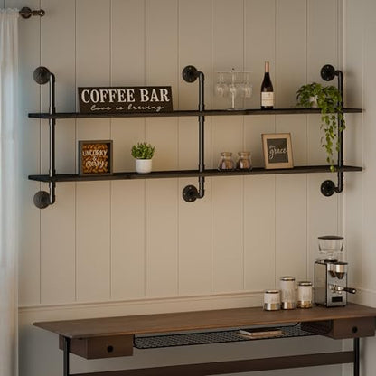 HDDFER Floating Shelves Wall Bookshelf Industrial Pipe Shelving Shelves Real Wood Planks 70 inch Rustic Wall Shelves Hanging Bookshelves Farmhouse Kitchen Bar Shelving - color: Black, size: 2Tier70in